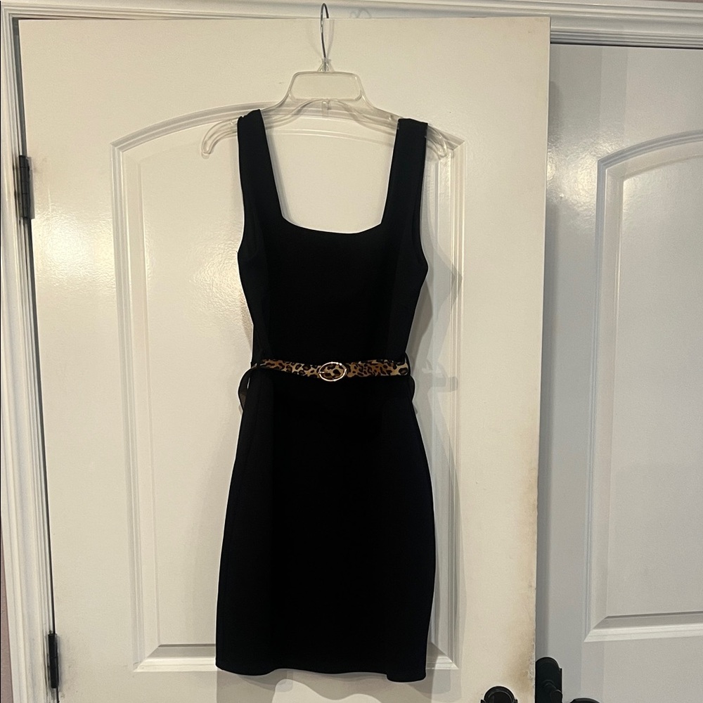 Chocolate Black Mini Dress with Leopard Print Belt